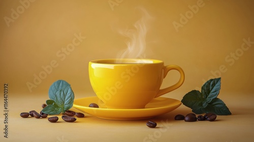 Warm cup of coffee with steam rising and coffee beans on a yellow background