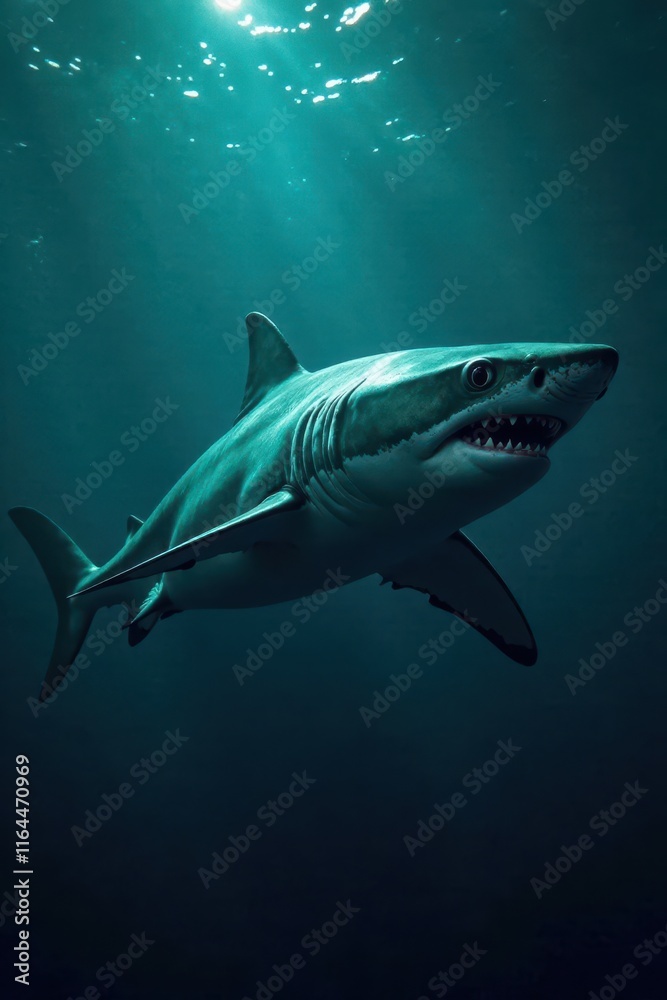 Obraz premium Shark illuminates dark waters with eerie glow, shark, mysterious
