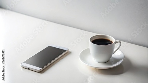A simple workspace featuring a smartphone and a cup of coffee on a white table