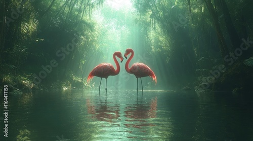 Two flamingos in a heart shape stand in a misty jungle stream. photo