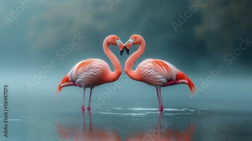 Two flamingos forming a heart shape in calm water. photo