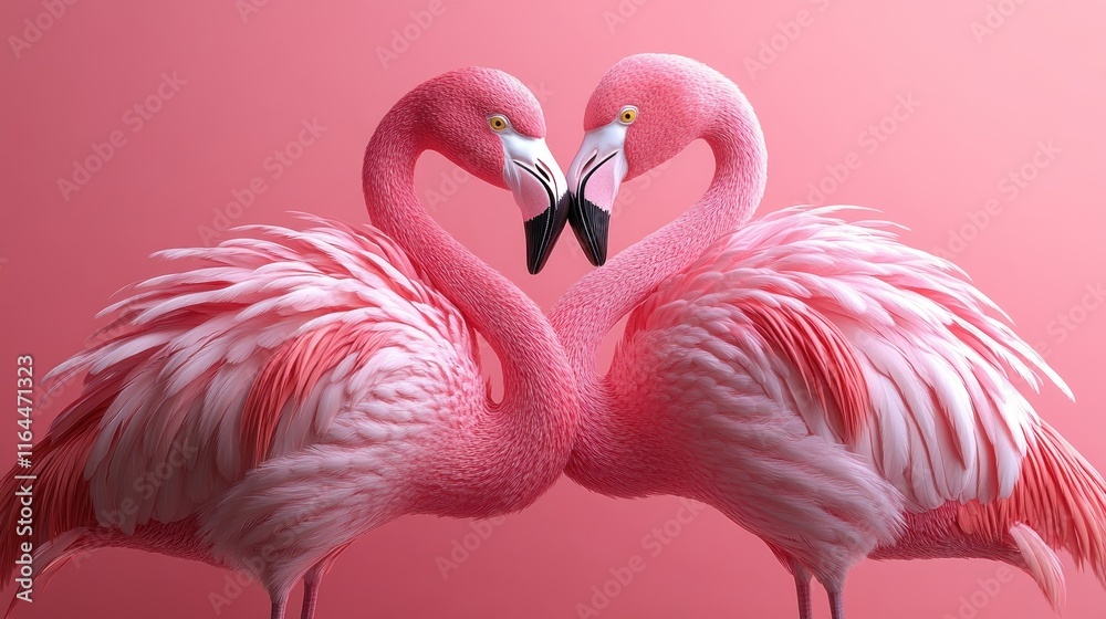 Naklejka premium Two pink flamingos forming a heart shape.