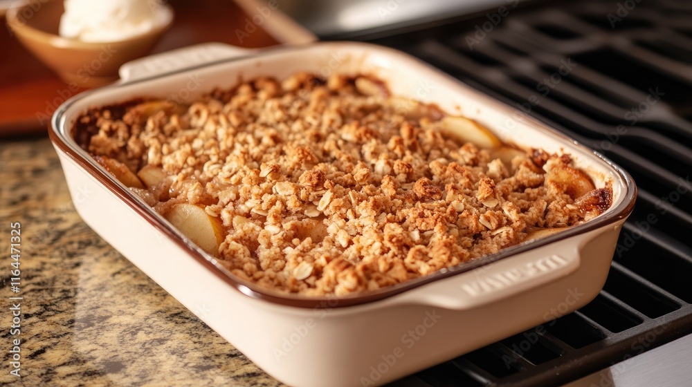 Delicious baked mock apple crisp topped with creamy ice cream in a rustic kitchen setting. Perfect for dessert lovers and seasonal recipes. Delicious baked mock apple crisp topped with creamy ice cream in a rustic kitchen setting. Perfect for dessert lovers and seasonal recipes.