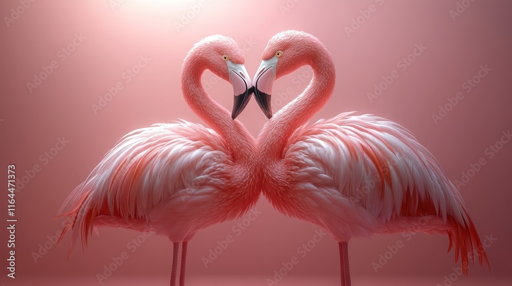 Fototapeta premium Two pink flamingos forming a heart shape. (2)