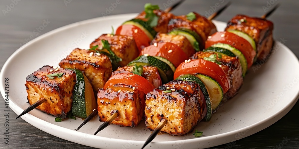 Grilled tofu and veggie skewers with teriyaki glaze on a wooden table Grilled tofu and veggie skewers with teriyaki glaze on a wooden table