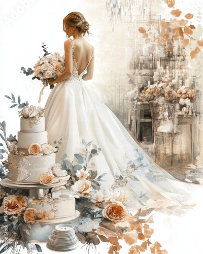 Watercolor painting of bride holding bouquet, posing next to wedding cake and flower arrangement, wedding preparation concept