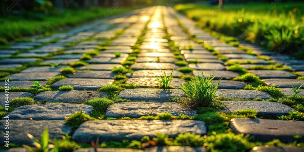Naklejka premium Sunlit cobblestone path with vibrant green moss and grass growing between stones