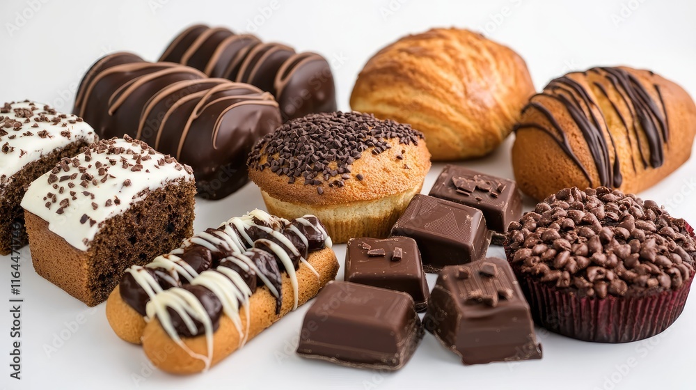 Assorted bakery treats and chocolate desserts arranged on a white background for a tempting visual display Assorted bakery treats and chocolate desserts arranged on a white background for a tempting visual display