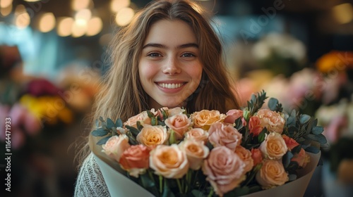 Young woman smiles brightly while holding a bouquet of colorful flowers in a ...