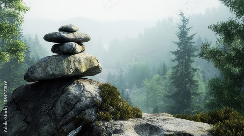 Serene balance of stacked stones in a tranquil natural landscape with misty forest backdrop and soft morning light. photo