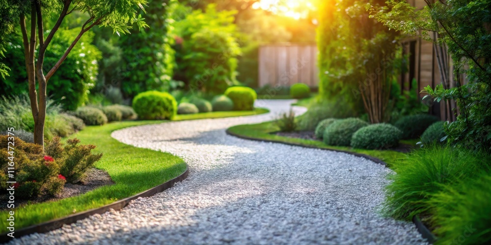 Obraz premium Serene Garden Path Winding Through Lush Greenery Under Golden Sunlight