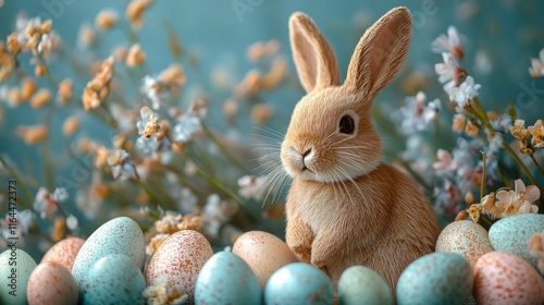 Wooden bunny decoration with pastel eggs and flowers in springtime setting