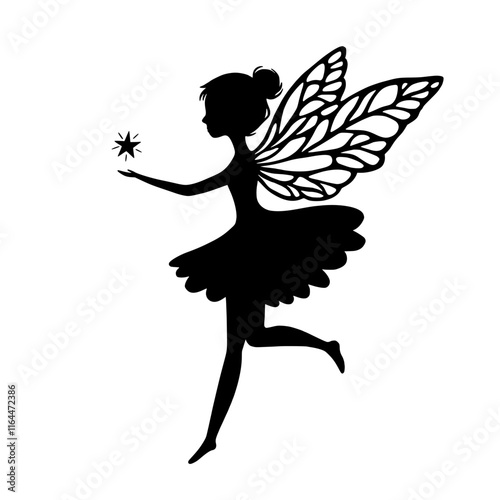 Cute little garden fairy with star. Fairy silhouette vector cartoon illustration.