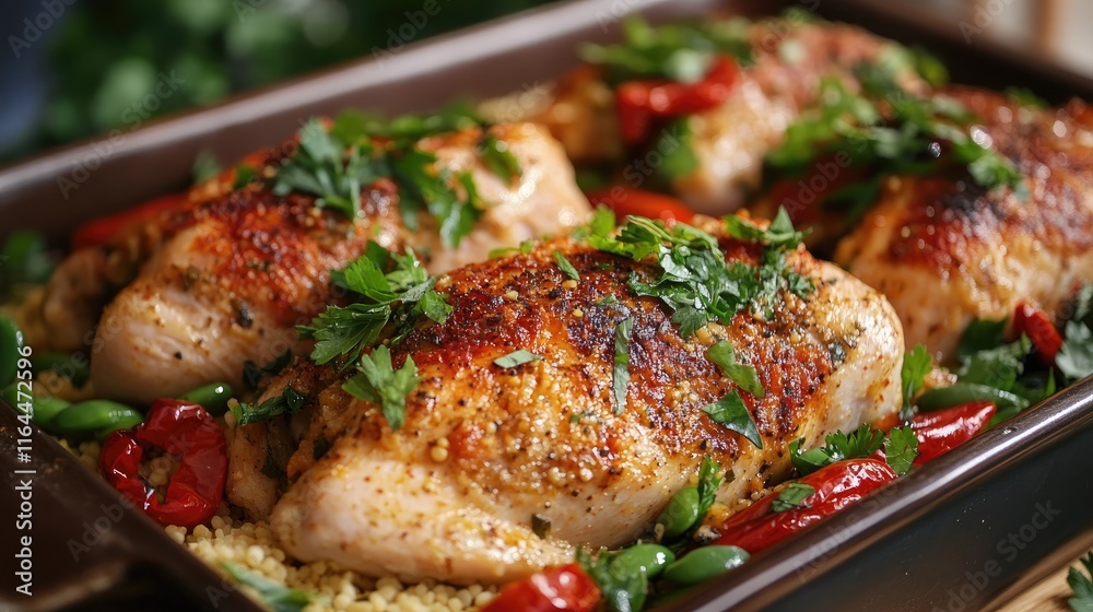 Baked chicken stuffed with herbs and chili peppers served with couscous and young green beans on a rustic platter Baked chicken stuffed with herbs and chili peppers served with couscous and young green beans on a rustic platter