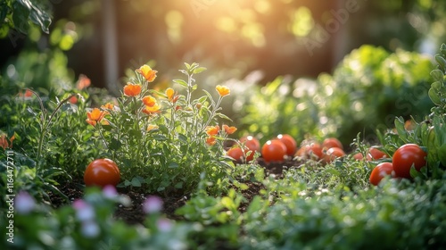Bright garden with orange flowers and ripe tomatoes in the sunlight