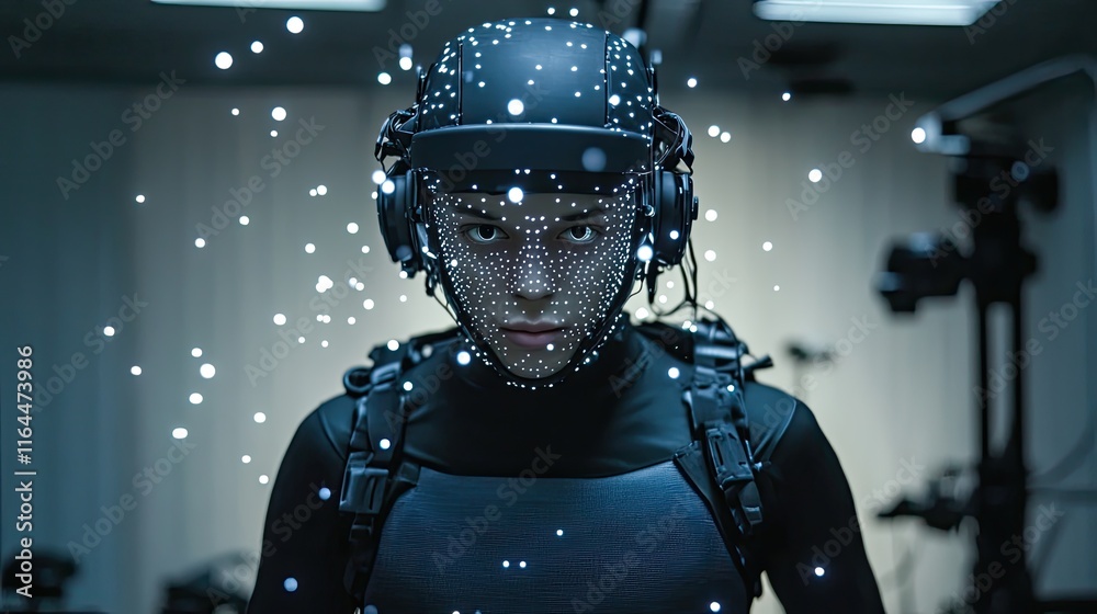 Naklejka premium Person wearing motion capture suit and headset, surrounded by digital particles.