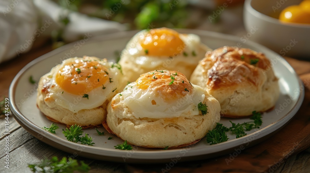 Delicious Baked Scones Topped with Eggs and Fresh Herbs Served on a Rustic Plate Delicious Baked Scones Topped with Eggs and Fresh Herbs Served on a Rustic Plate