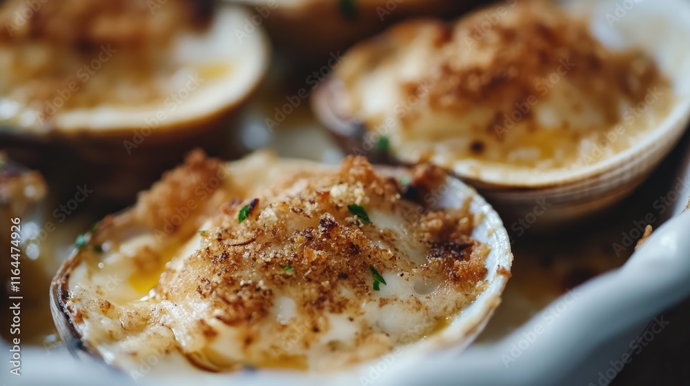 Baked clams with crispy topping gourmet seafood dish selective focus close up Baked clams with crispy topping gourmet seafood dish selective focus close up