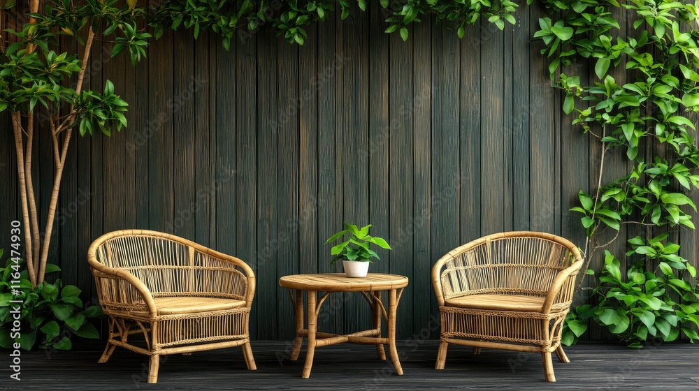 Bamboo chairs and table set against a dark green wooden backdrop with lush foliage for a serene outdoor ambiance Bamboo chairs and table set against a dark green wooden backdrop with lush foliage for a serene outdoor ambiance