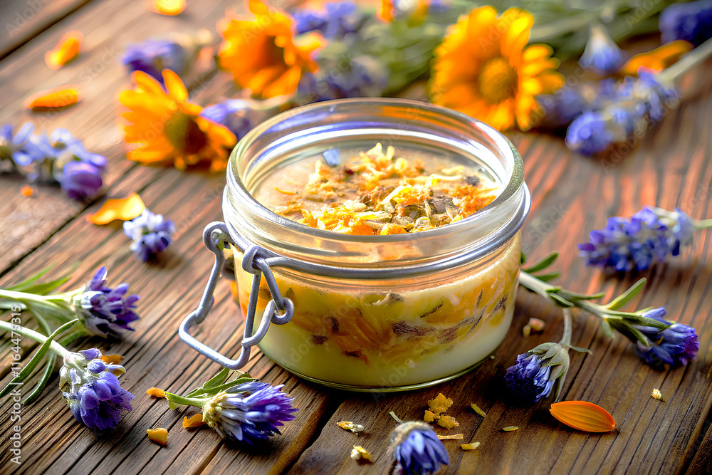 Homemade calendula salad in a jar on a wooden background Homemade calendula salad in a jar on a wooden background