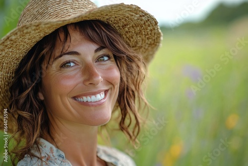 Smiling girl wearing a straw hat enjoys a sunny day at a beachside bar in summer