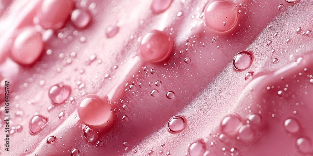 Close-up of pink surface with water droplets creating a smooth texture and vibrant appearance