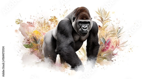 Powerful Gorilla in Watercolor Floral Setting: A Digital Painting AI Generated photo