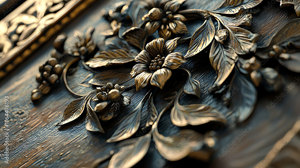 A gold leaf design on a wooden surface. generated using AI A gold leaf design on a wooden surface. generated using AI