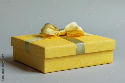 Bright yellow gift box with ribbon on neutral background ready for special oc...