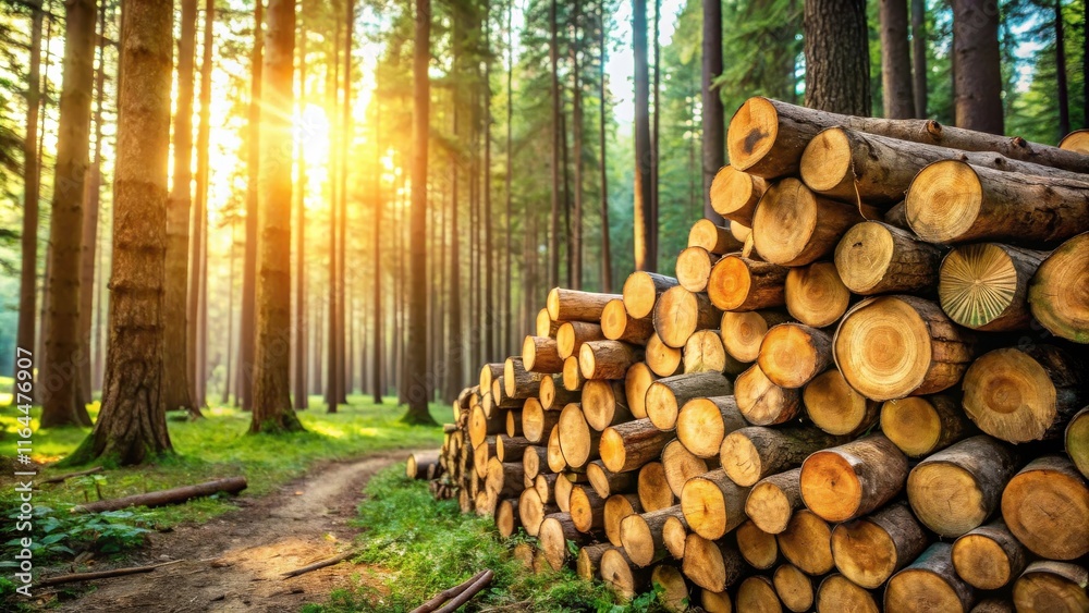 Golden Hour Lumber Stack in a Verdant Forest