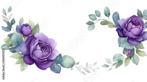 Watercolor Violet Floral Border with Purple Roses, Lilac Peony, and Eucalyptus Greenery Frame, PNG Transparent Background