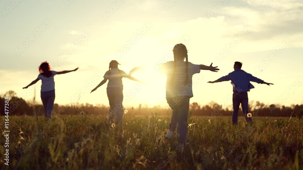 happy family running through field sunset, family child kid mother father running dream, Children Playing Field Sunset, Joyful Kid Outstretched Arms, Family Fun Nature, Carefree Childhood Moments