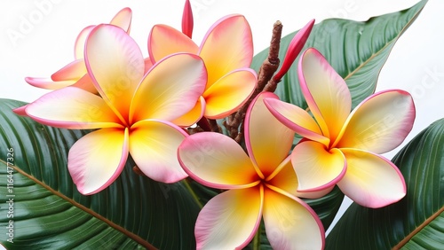 Vibrant Pink and Yellow Plumeria Blooms, Close-up of Tropical Flowers with Lush Green Foliage on White Background