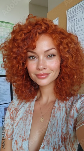 Bright curly red hair and warm scarf on a sunny day in a cozy indoor setting
