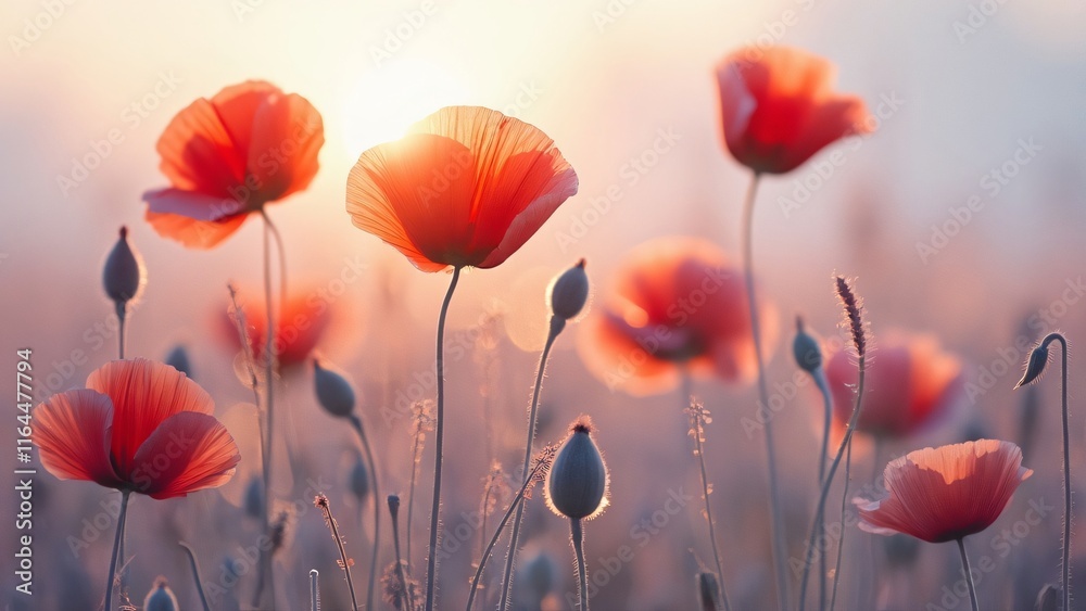 Fototapeta premium Sunrise Poppies, Delicate Crimson Petals in Dusty Lavender Field