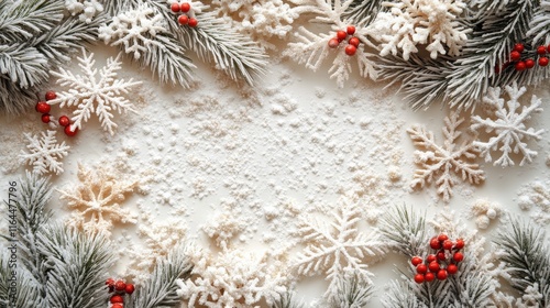 Winter wonderland decoration with snowflakes and evergreen branches during th...