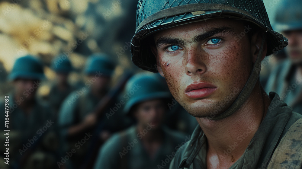 close-up of a soldier with an expressive look close-up of a soldier with an expressive look