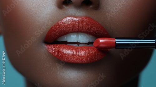 Close-up of woman applying vibrant lip color with pencil in beauty studio set...