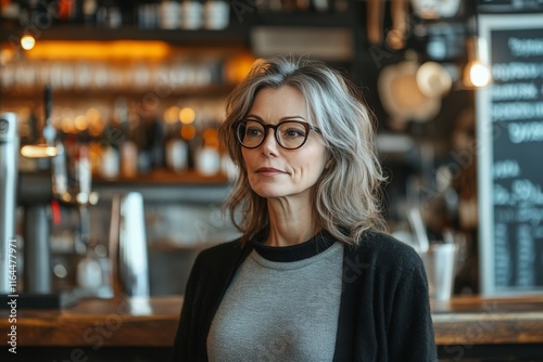 Woman with glasses stands quietly in a cozy cafe during a relaxing afternoon