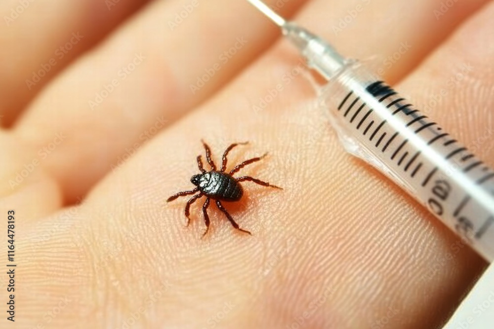 Obraz premium Medical syringe and bandage next to hand with fresh tick bite on clinical surface