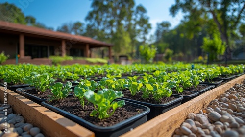 Community garden showcasing raised beds with vibrant vegetables and flowers i...