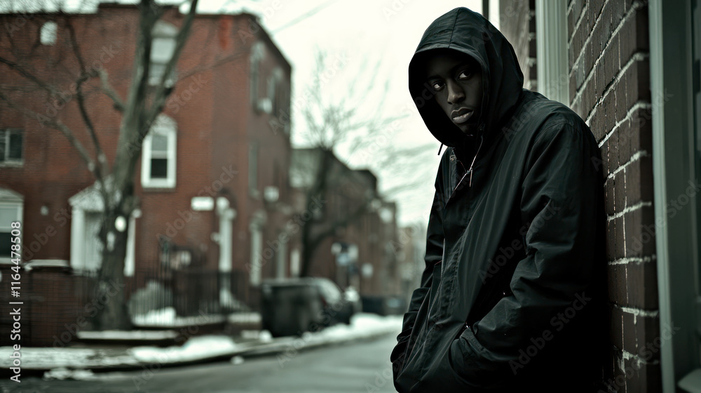 Suspicious black man, a drug dealer, lurking on a street corner, waiting for a client Suspicious black man, a drug dealer, lurking on a street corner, waiting for a client