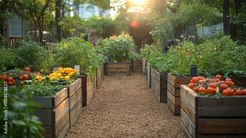 Lush vegetable garden with ripe tomatoes and thriving plants in evening light