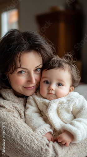 Mother gently embraces her baby outdoors during a warm afternoon in a serene ...