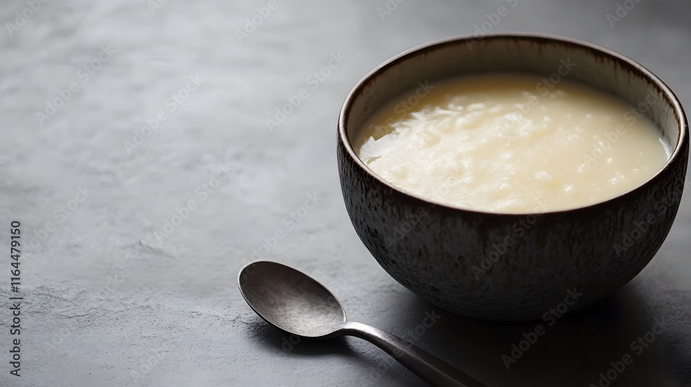 Creamy Rice Porridge in a Dark Bowl
