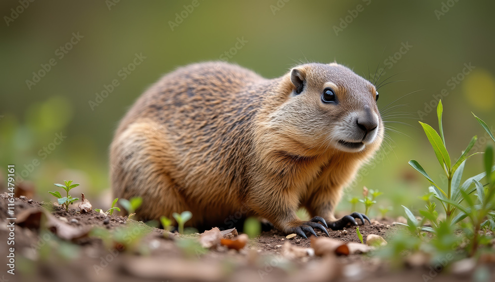 Furry groundhog resting in the grass, showcasing its adorable expression in a natural outdoor setting. Furry groundhog resting in the grass, showcasing its adorable expression in a natural outdoor setting.