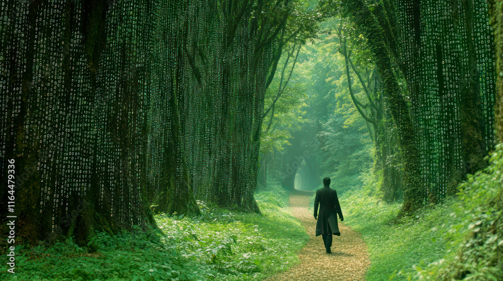 Man's silhouette walking in forest created of digits and natural details Man's silhouette walking in forest created of digits and natural details