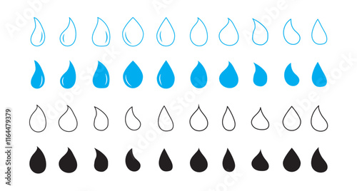 Raindrops icon set. oil or water droplet vector symbol. blood or tear sign. teardrop pictogram in black filled and outlined style.