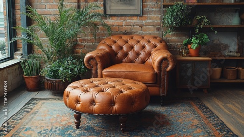 Cozy leather armchair and ottoman in an inviting living room with large windo...