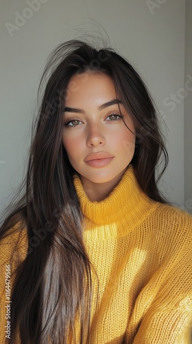 Beautiful young woman in a cozy yellow turtleneck sweater posing in natural l...